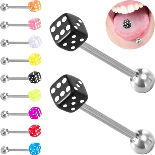 1 Pair Colorful Acrylic Tongue Piercing Jewelry Good Luck Dice Tongue Rings 14G Women Stainless Steel Tongue Ring Bars Barbell