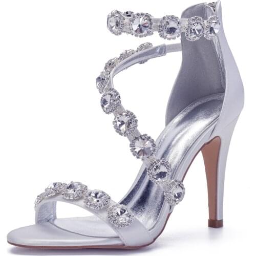 2021 Rhinestone High Heels Satin Wedding Sandals Open Toe Ribbon Heeled Prom Evening Party Dress Shoes Summer