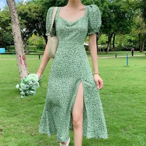 Square Collar Puff Sleeve One-Piece Dress Korean French Elegant Dress Women 2021 Autumn Chic Chiffon Casual Party Floral Dress