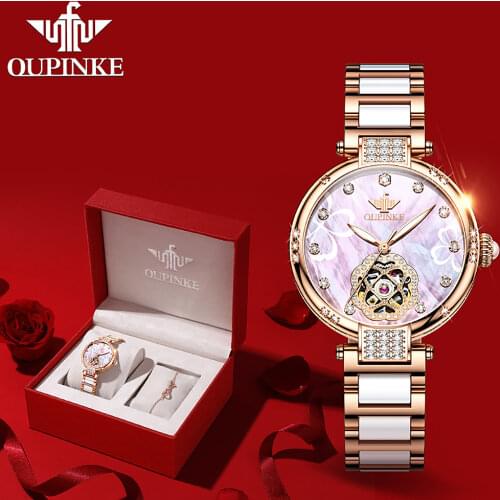 OUPINKE Top Luxury Brand Automatic Mechanical Women Watch Waterproof Tungsten Steel Watchstrap Gift Box Automatic Watches Women