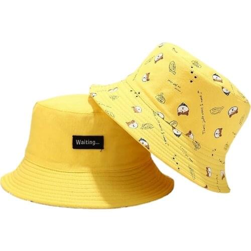 Reversible Bucket-Hats Unisex Hip Hop Dog Printed Fisherman Cat Sunscreen Men Women Panama Hat Cotton Fashion Anti-sun Outdoor