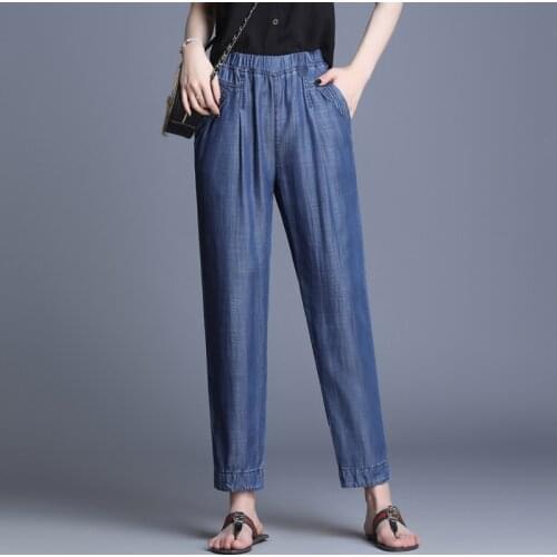 High Waist Elastic Jeans Women Straight Loose 2019 New Spring Summer Thin Ice Silk Fashion Casual Pants DenimFemale Plus size