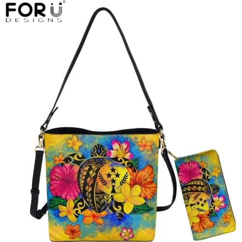 FORUDESIGNS New Arrival PU Leather Crossbody Bag And Wallets Kosrae Polynesian Turtle With Flower Print Lady Handbag Bolsa Mujer