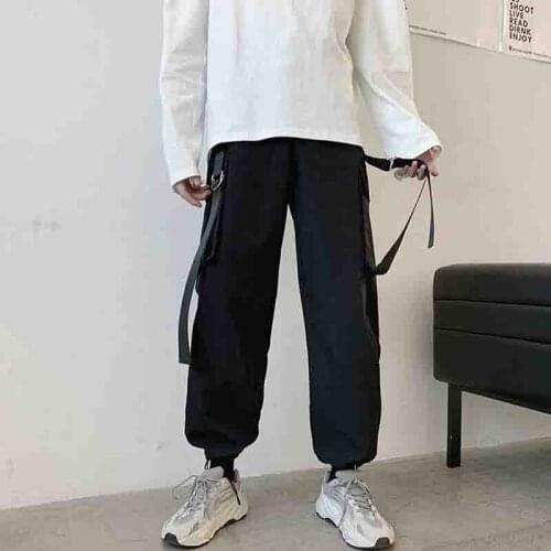 Personalized ribbon work clothes casual pants functional fashion mens Japanese retro pure hip hop nine point Leggings DJ