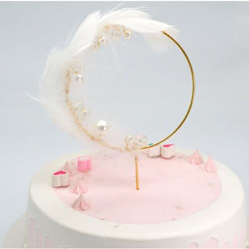 Feather Fake Pearl Ring Cake Topper Romantic Wedding Birthday Party Decoration Baking Accessories