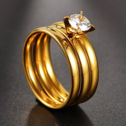 3pcs Gold Thin Ring Set Cubic Zirconia Gold plated Engagement Wedding Rings Set for men and women Alliance proposal marriage