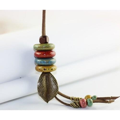 Leather Necklace Ceramic Round Beads Pendants Long Chain Leaves Statement Charm Pendant Women Men Sweater Jewelry Fashion Gifts