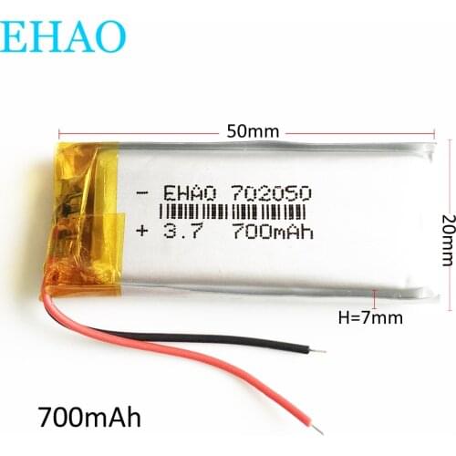 3.7V 700mAh 702050 Lithium li-Polymer LiPo Rechargeable Battery For Mp3 headphone PAD DVD E-book bluetooth headset camera
