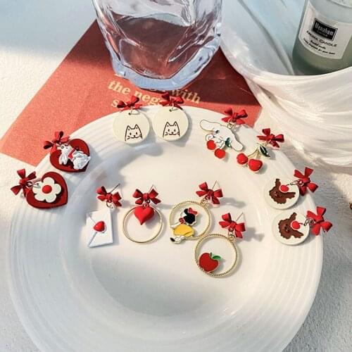 Korean Version Of Cartoon Sweet And Cute Earrings Ethnic Style Kitten Love Red Bow Retro Ear Jewelry Ear Clip Female