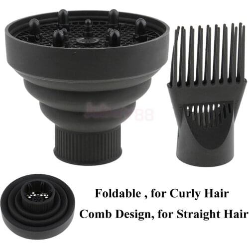 Set of 2pcs Salon Universal Silicone Curl Hair Dryer Diffuser Nozzle Attachment + Wind Blower Straight Cover Comb - Black