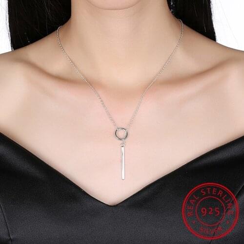 Real 925 Sterling Silver Circle Strip Long Chain Necklace Collares Kolye Bijoux Femme Sweater Pendant Necklace