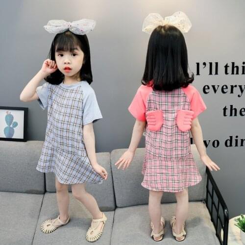 Summer New Wings Girl Princess Dress Girl Beautiful Lovely Korean Children Dress Patchwork Plaid Short Sleeve Girls Dress 0-4Y