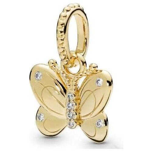 Genuine 925 Sterling Silver Charm Gold Decorative Butterfly Crystal Pendant Beads Fit Pan Bracelet & Necklace Diy Jewelry