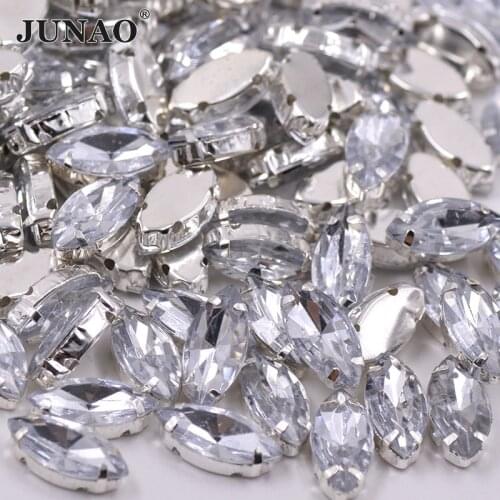 JUNAO 5*10mm 7*15mm Sewing Silver Claw Horse Eye Rhinestone Clear Crystal Stone Applique Flat Back Sewn Acrylic Strass