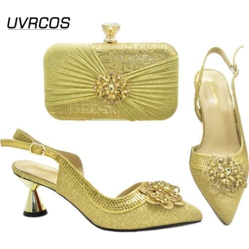 Decorated With Colorful Italian Design Hot Selling Fashion Golden Color Women Shoes and Bag Set Crystal and Streamer Modeling