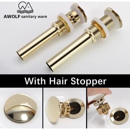 Pop Up Drain For Bathroom Sink Basin Vessel With Hair Stopper Overflow Hole Zirconium Gold filter trap Brass Accessories AH6146