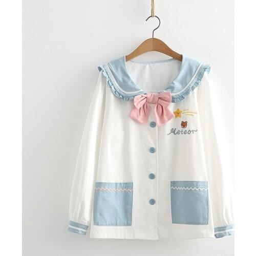 Japanese Lolita Harajuku Preppy Style Bow Peter Pan Sailor Rabbit Ears Collar Long Sleeve Shirt Coat Cardcaptor Sakura Costume