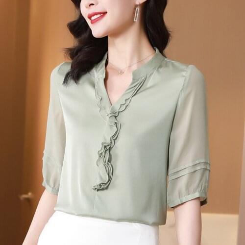 2021 Summer Women Solid Shirt Elegant V-neck Half Sleeve Ruffles Green Patchwork Ladies Tops Natural Real Silk Female Blouse