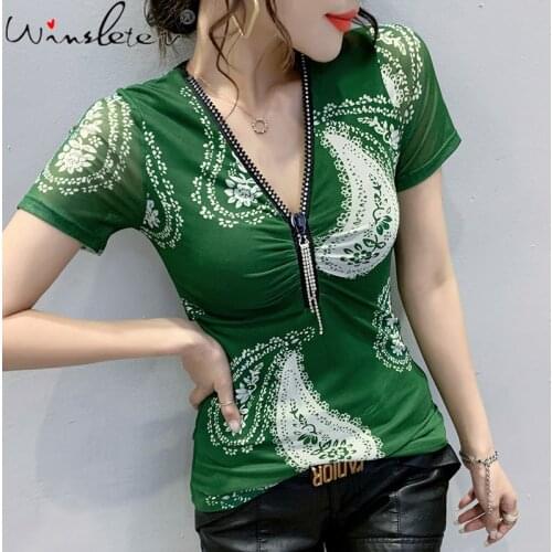 Summer Korean Clothes Mesh T-Shirt Sexy Fashion V-Neck Zipper Shiny Diamonds Women Tops Short Sleeve Print Tees New 2021 T14018A