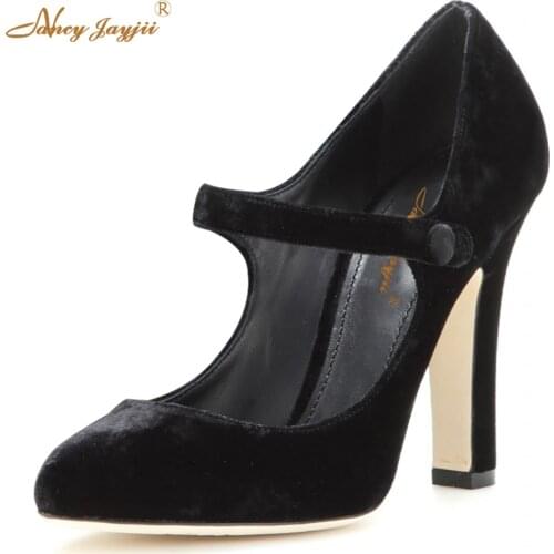 Women Black Pointed Toe Suede High Heels Pumps Mary Janes Genuine Leather Shoes Woman Zapatos Mujer Tacon Sapato Large Size 4-16