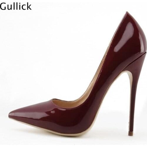 Hot Selling Slip On Shallow Patent Leather Shoes Thin High Heel Wine Red Spring Autumn Pumps Chic Woman Party Wedding Shoes