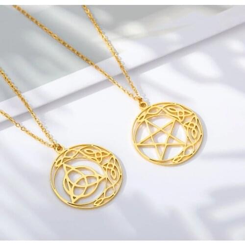 Trendy Magic Maiden Nameplate Necklaces For Women Round Hollow Star Pentagram Pendant Choker Chain Geometry Jewelry Party Gifts