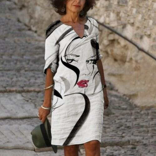 Spring Half Sleeved V-Neck Printed Loose Dress Womens Fashion Casual Vintage Autumn All-match Plus Size Beach Dresses Vestidos