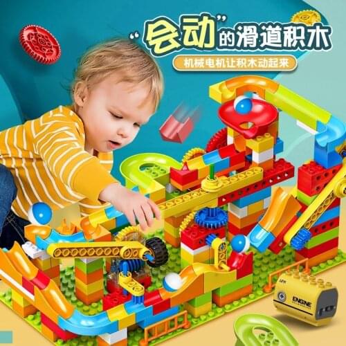 208 Pcs Marble Race Run Duplos Building Blocks Funnel Blocks with Electric motor DIY Big Bricks Toys for Children Gift