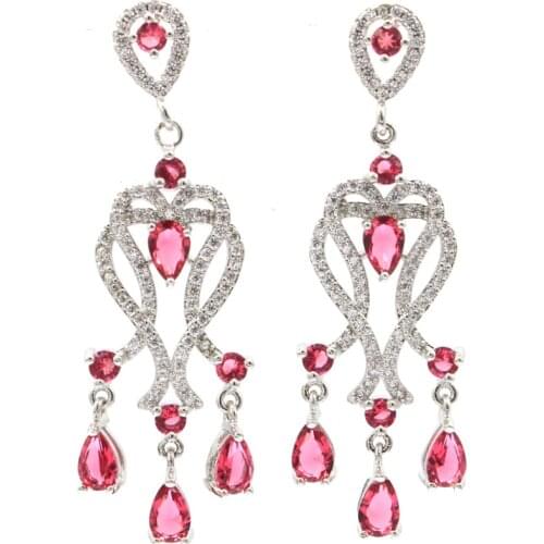 37x21mm 2020 New Arrival Square Pink Tourmaline Gift For Womans Wedding Silver Earrings