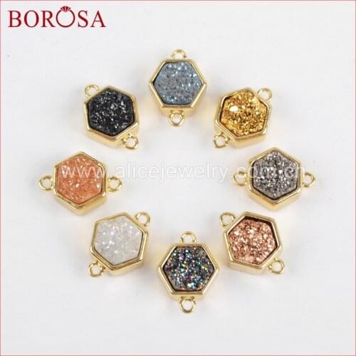 BOROSA 10PCS Hexagon Drusy Gold Color Bezel Natural Stone Titanium Rainbow Druzy Connector Double Bails for DIY Jewelry ZG0138