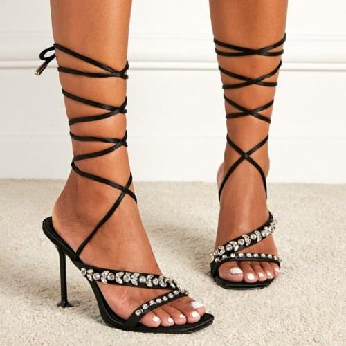 Fashion Sexy Crystal Bling Cross-Tied Sandals 2021 Summer Retro PU Patchwork Head Peep Toe Thin High Heels Womens Shoes