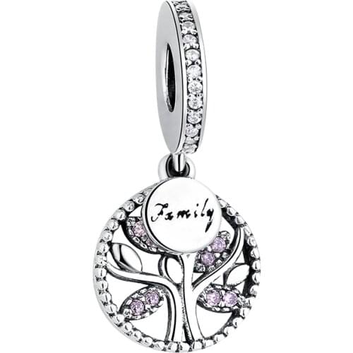 ELESHE 925 Sterling Silver Family Tree Charms Beads Pink Cubic Zirconia Dangle Charms fit Bracelet Original Jewelry Accessories