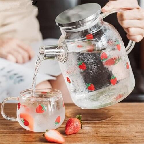 European Heat Resistant Cute Strawberry Glass Milk Tea Cup with Handle Juice Water Drinking Cup Household Glass Water Pot Kettle
