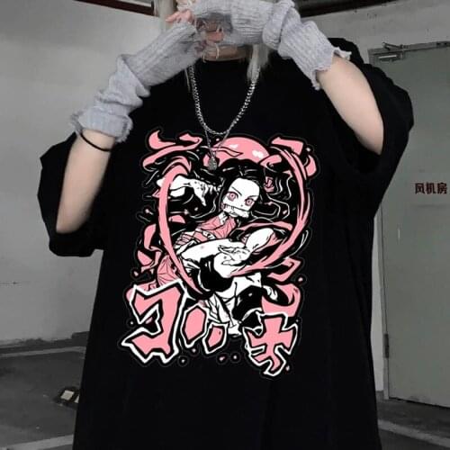 Anime Cartoon T Shirt Women Demon Slayer crop top Kimetsu e girl Streetwear Print Loose Tops Korean Summer топ Black y2k clothes