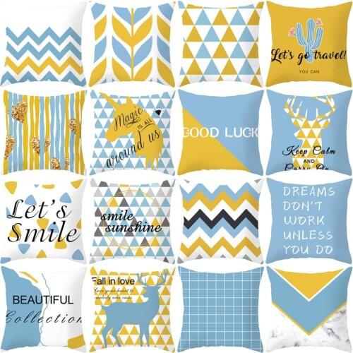 Geometric Cushion Cover Blue and Yellow Elk Elements Polyester Throw Pillow Case Geometric Art Cushion Cover