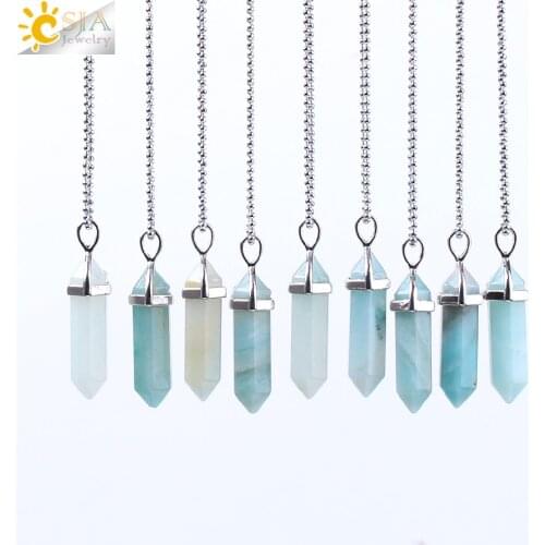 CSJA Hot Sale Hexagonal Column Necklaces Natural Stone Amazonite Pendant Two Sharp Angle Quartz Beads for Women Men Jewelry F185