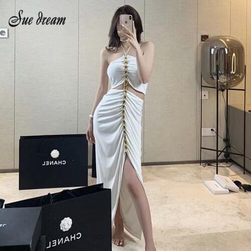 Fashion Summer Ladies 2021 Sexy Halter Neck Metal Chain Hollow Backless Slim Long Dress Elegant Designer Club Party Dress