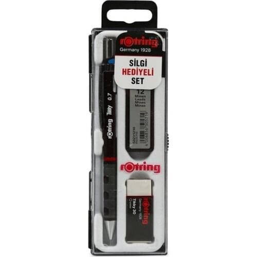 Rotring Pencil Set, Tikky Mechanical, 2B 0.7 mm, Black, Includes 12 Leads and Eraser, Hard Case All In One Stationery Luxury-S