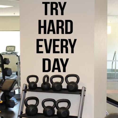 Try Hard Every Day Self Motivation Quote Vinyl Decal Gym Fitness Center Wall Sticker Home Gym Interior Workout Wall Mural N261