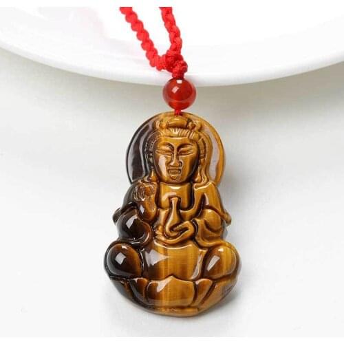 Natural Yellow Tiger Eye Stone Pendant Carved Guanyin Bodhisattva Patron Saint Pendant Necklace Mens Stone Jades Jewelry+rope