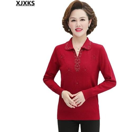 XJXKS 2021 autumn winter new fashion diamond-studded women sweater high-quality wool knitted sweater women lapel pullover