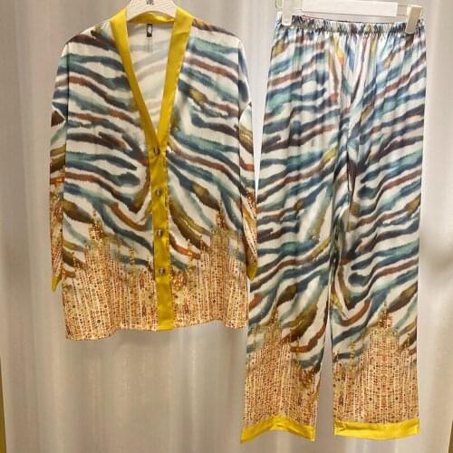 Womens Pajamas Set Gradient Print Sleepwear Female V Neck Long Sleeve Pants Silk Like Nightwear Luxury Home Clothes Homewear