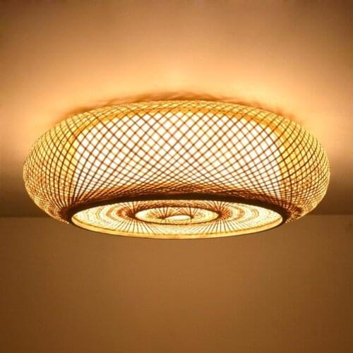 Hand-woven Bamboo Wicker Rattan Round Lantern Shade Ceiling Light Fixture Rustic Asian Japanese Plafon Lamp Bedroom Living Room