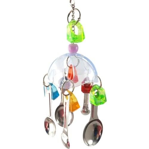Bird Hanging Chewing Toy Metal Soup Spoon String Design Acrylic Bite for Parakeet Cockatiel Conure Cage Pendant Decor