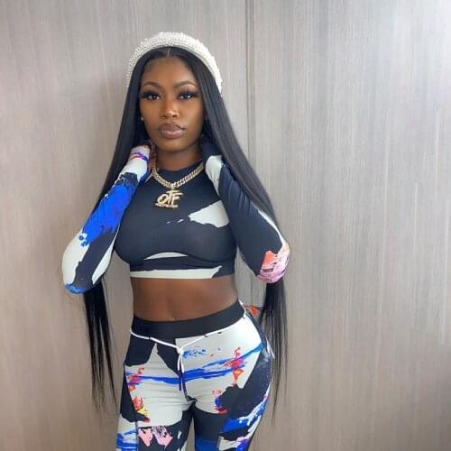 Casual Sportswear Workout Fitness 2 Piece Set Women Long Sleeve Tie Dye Print Outfits Crop Top And Leggings Co-ord Sets