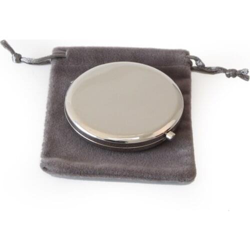 Wedding Commemorative Gift Silver Metal Makeup Mirror Round Compact Cosmetic Mirror with Gray Velvet Bag