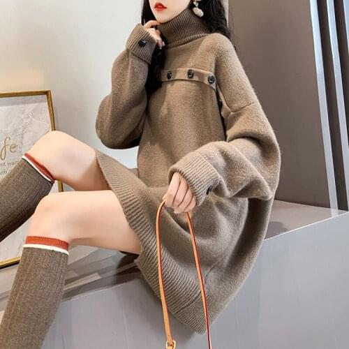 Turtleneck Knitted Long Women Sweater And Pullovers Loos Casual All Match Female Pulls Outwear Coats Tops