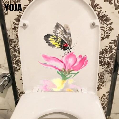 YOJA 23.1X17.6CM Pink Flower Butterfly Creative Bathroom Toilet Decor Home Room Wall Sticker Decals T1-2075