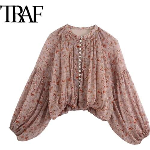 TRAF Women Fashion Paisley Print Cropped Blouses Vintage Lantern Sleeve Elastic Hem Female Shirts Chic Tops