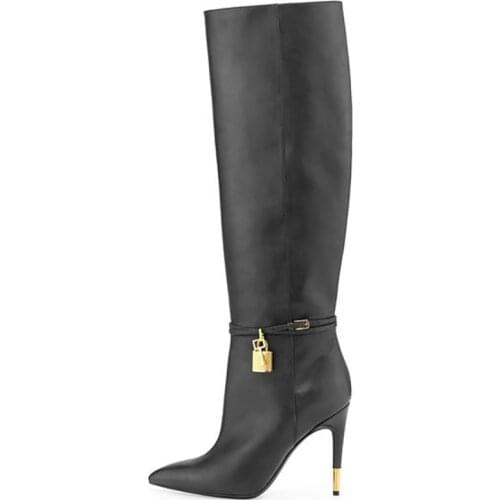 Stiletto Heel Knee High Boots Solid Matte Leather Metal Lock Decor Pointed Toe Wild Shaft Slip On Ladies Winter Boots Runway